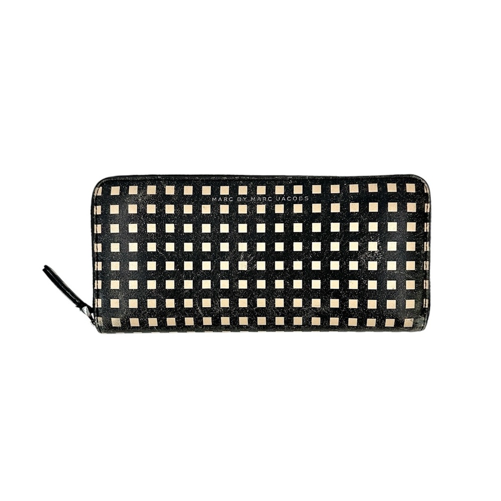 Marc Jacobs Black & Cream Check Plaid 3 x 7 Large Distressed Leather Wallet